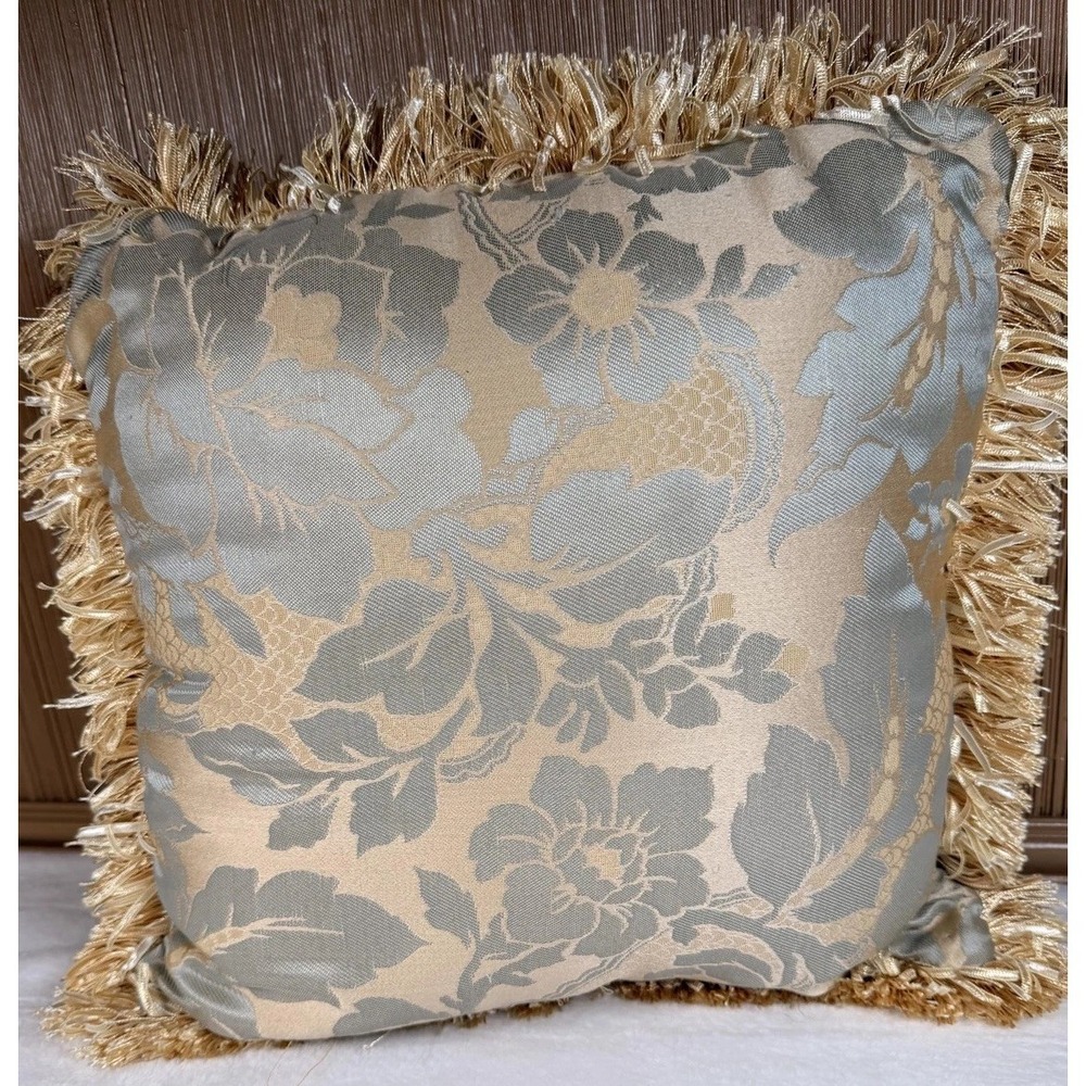 Gold Floral Fringe Throw Pillow 16x16 Textured Square Indoor Decor Accent‎